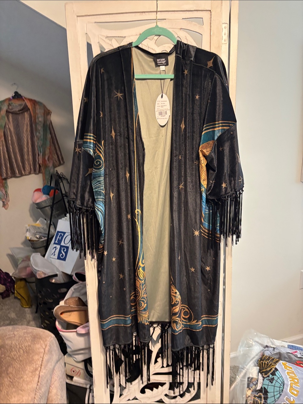 Women's Black Fringe Kimono Jacket with Star & Swirl Print